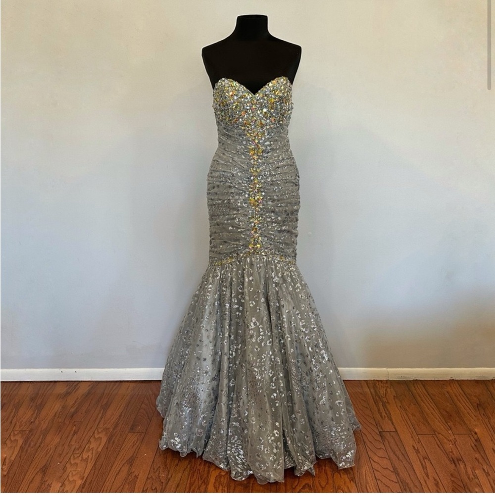 Jovani Gray Strapless Rhinestone Embellished Mermaid Maxi Gown 8